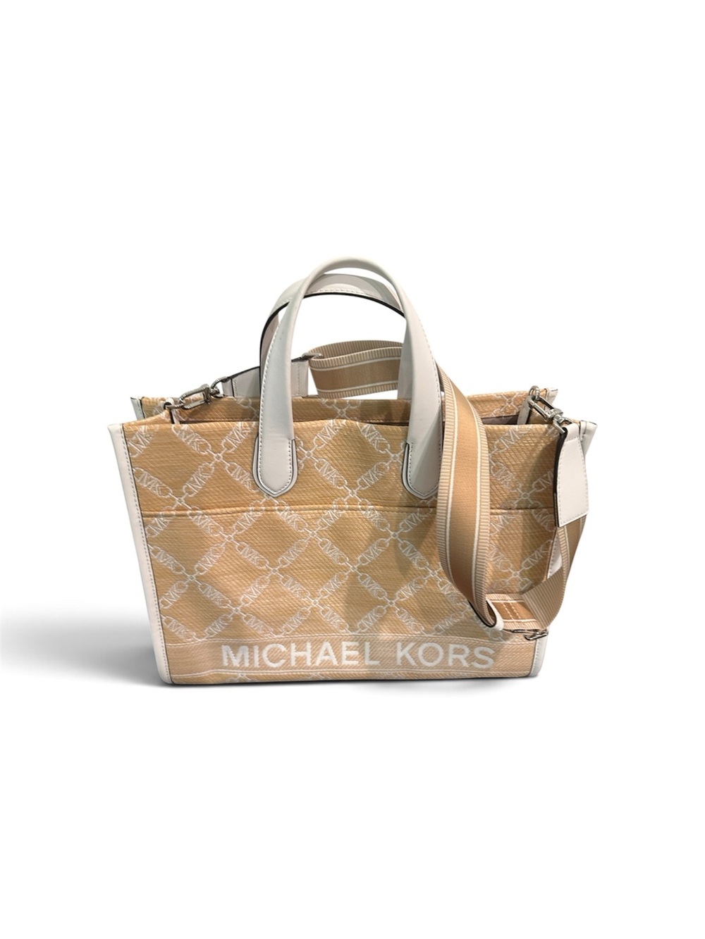 Michael Kors Tan and White Canvas Tote with Striped Strap